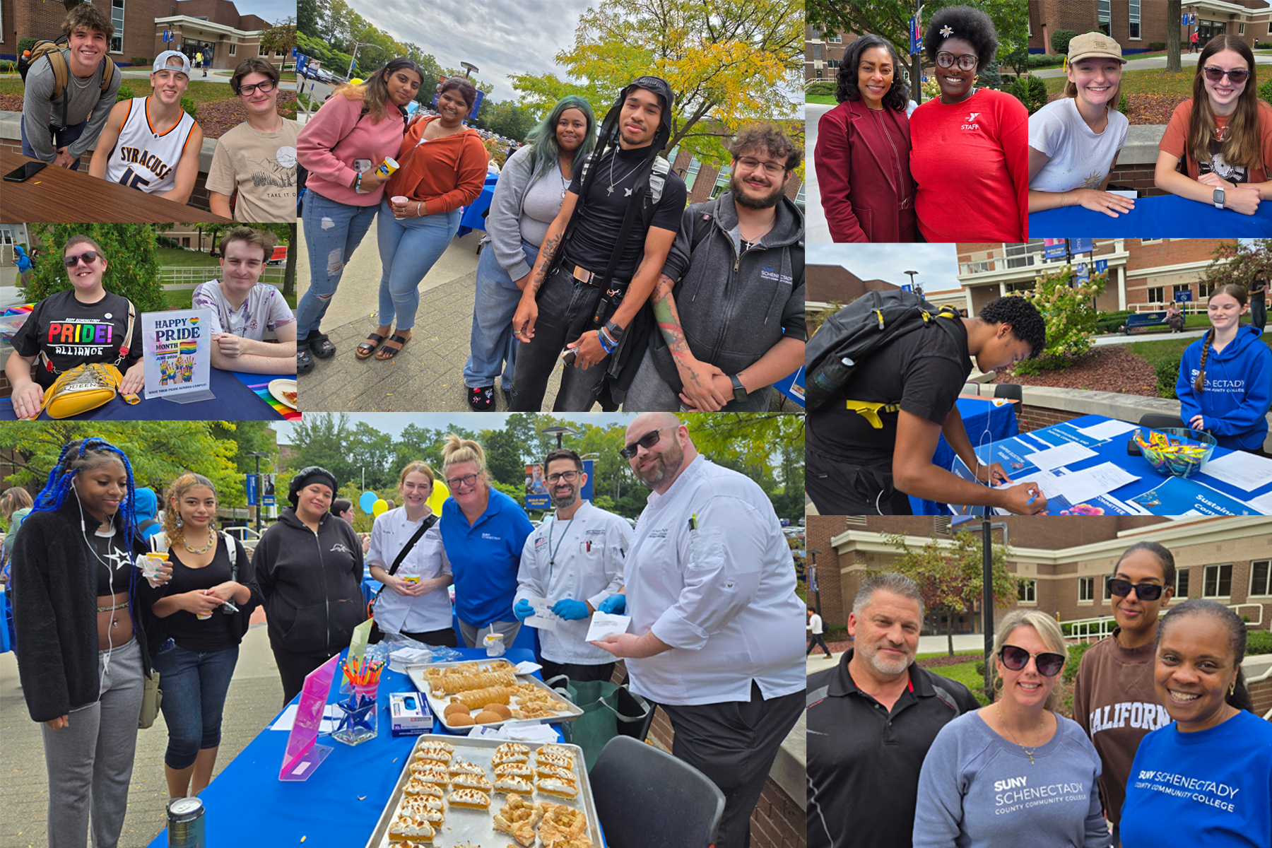 Montage of photos from Club Carnival, students and staff in The Quad smiling