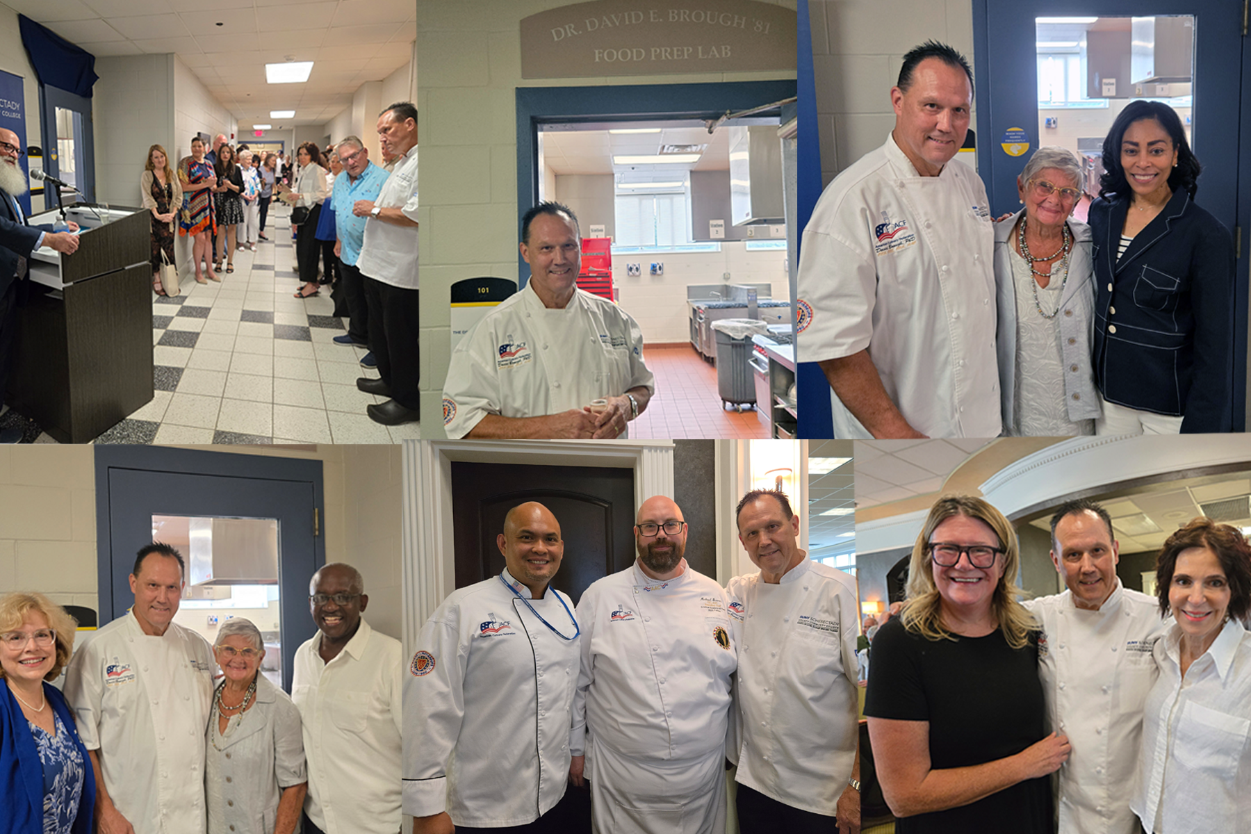 Montage of photos of Dr. David Brough and others in front of culinary lab now bearing his name