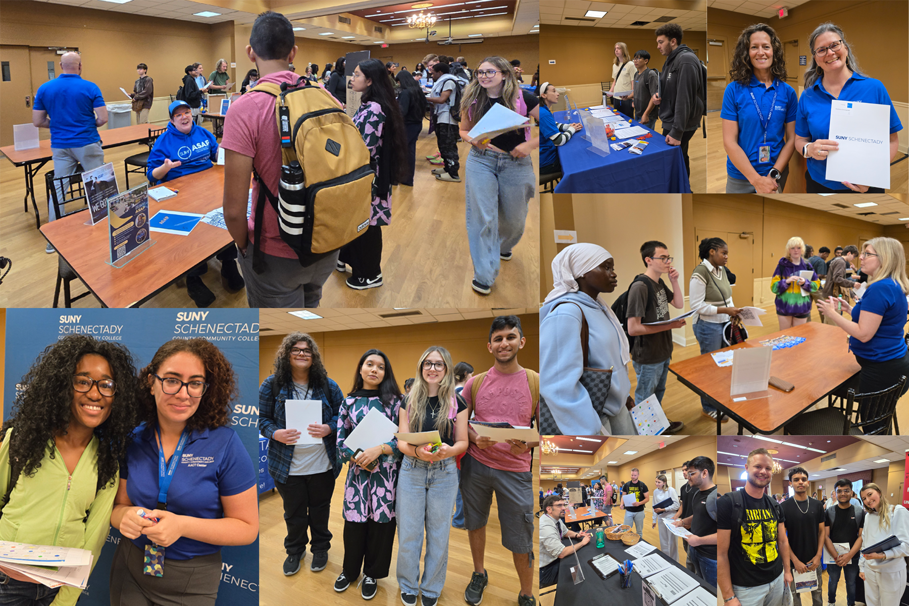 Montage of photos of students and staff talking to one another, smiling in Van Curler Room