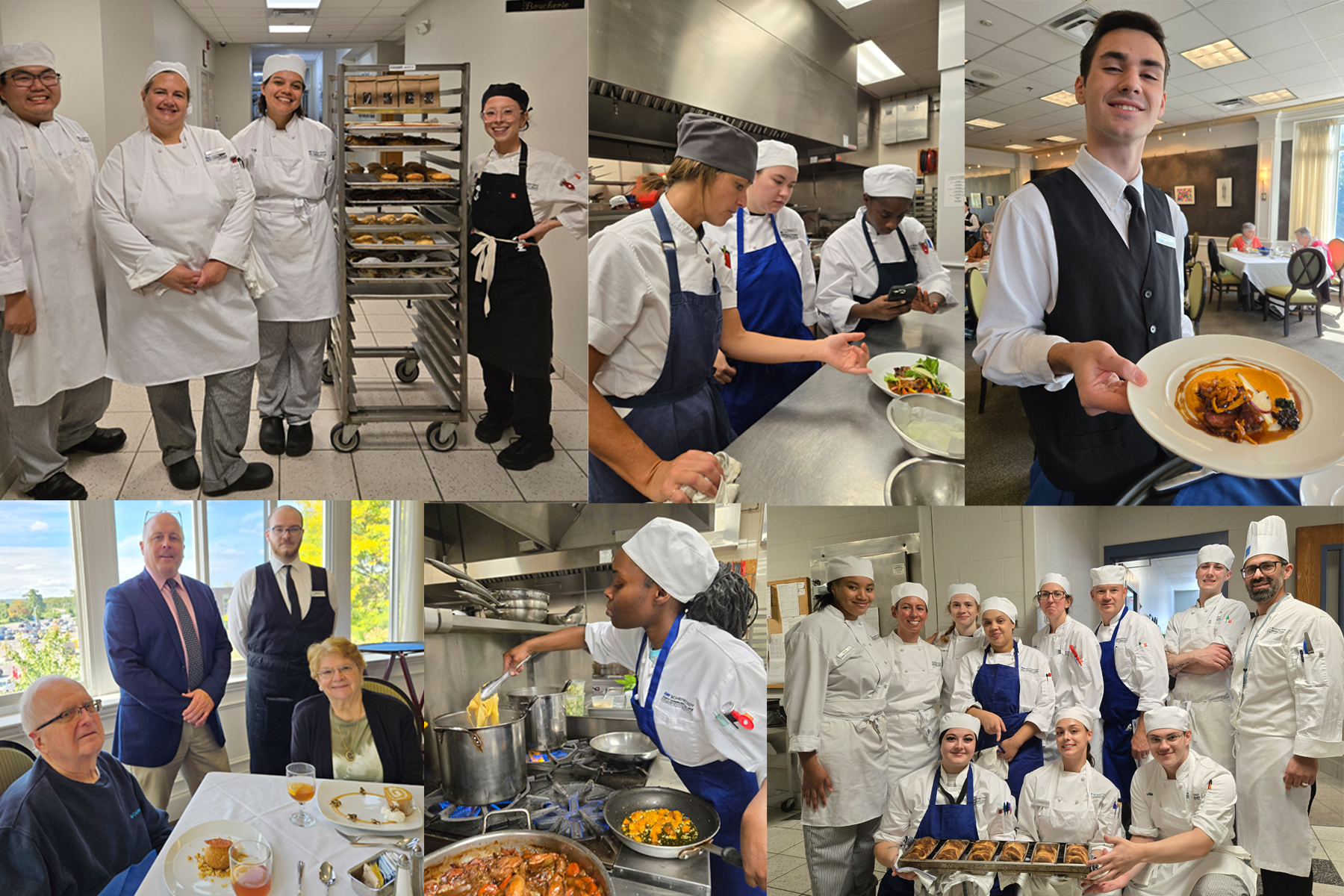 Montage of photos of student chefs, faculty, Casola Dining Room, Pane e DolciBakery
