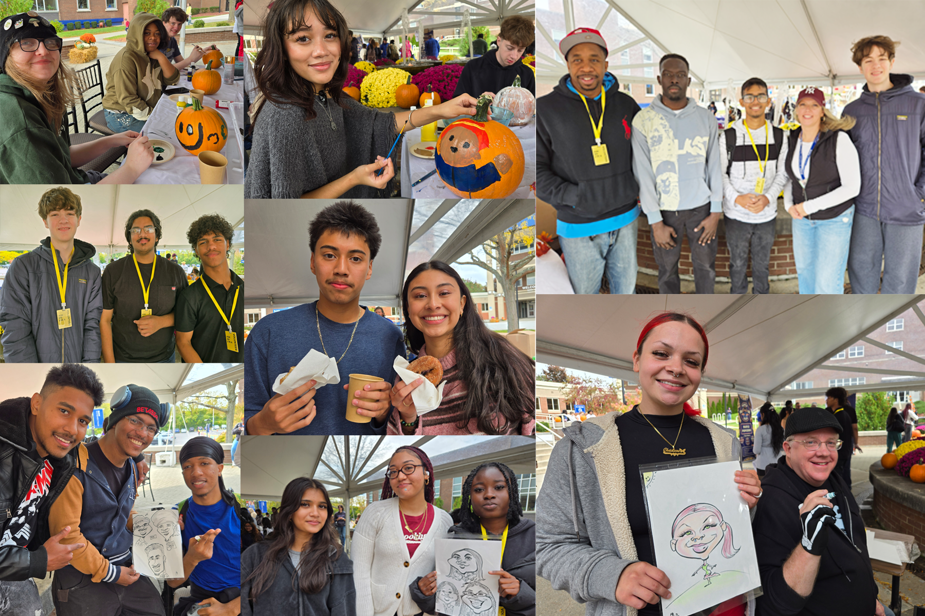 Montage of photos of students smiling, out in The Quad, holding drawings, cider donuts, smiling, during Harvest Fest
