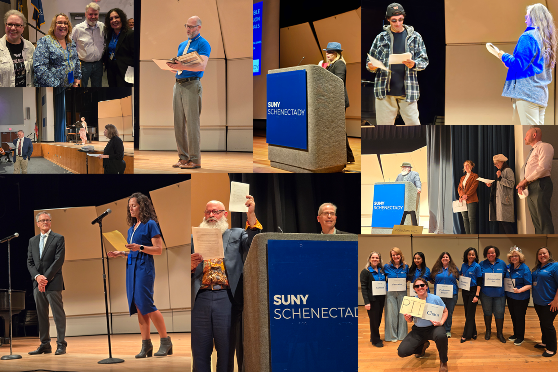 Montage of photos of faculty and staff on stage in Taylor Auditorium, presenting