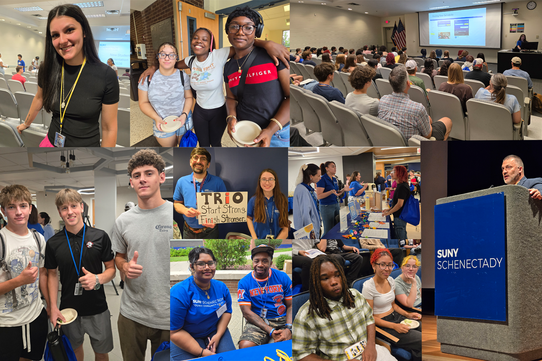 Montage of photos with students, staff in Library and auditorium from New Student Orientation
