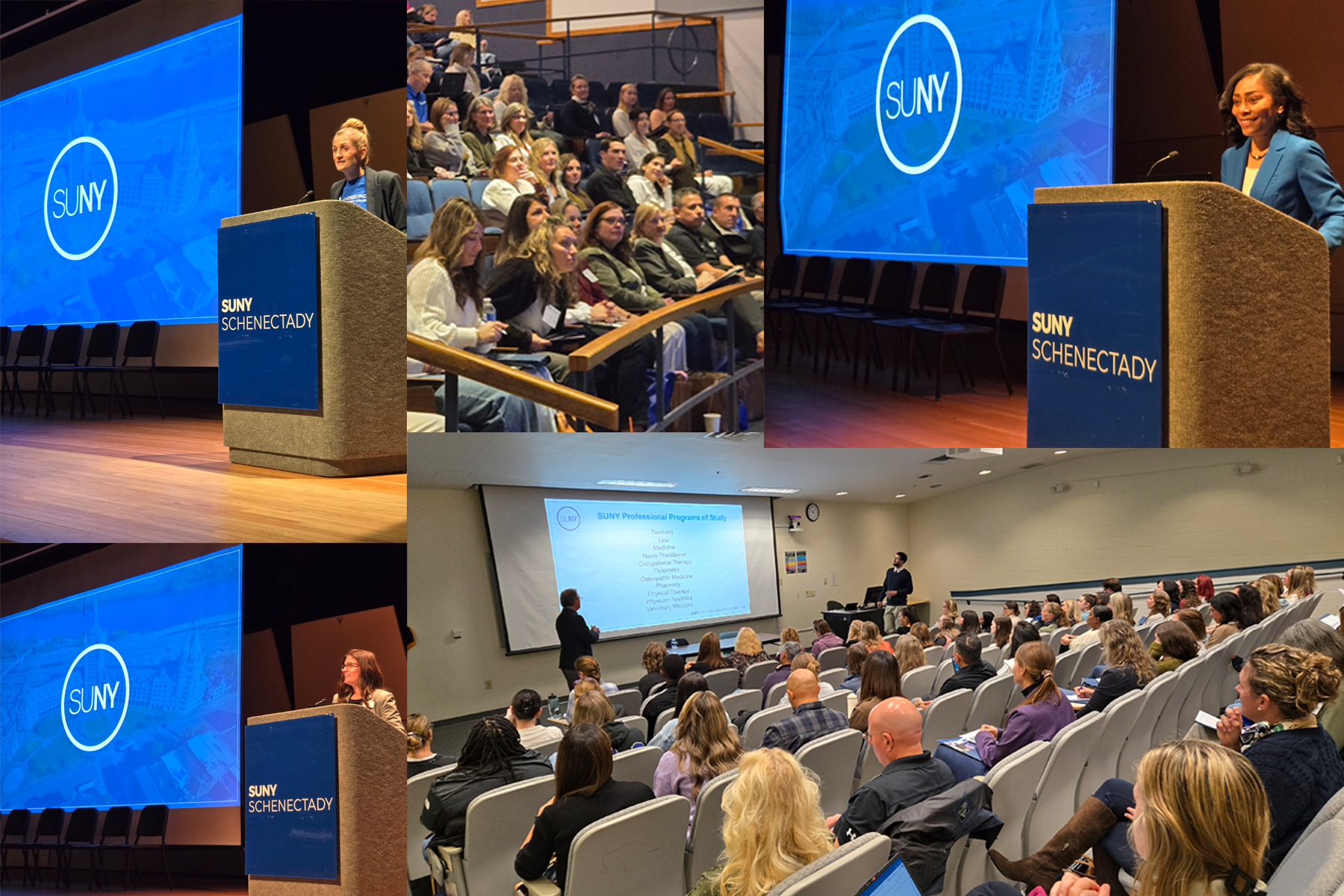 Montage of photos of people speaking at the podium, and counselors in a lecture hall