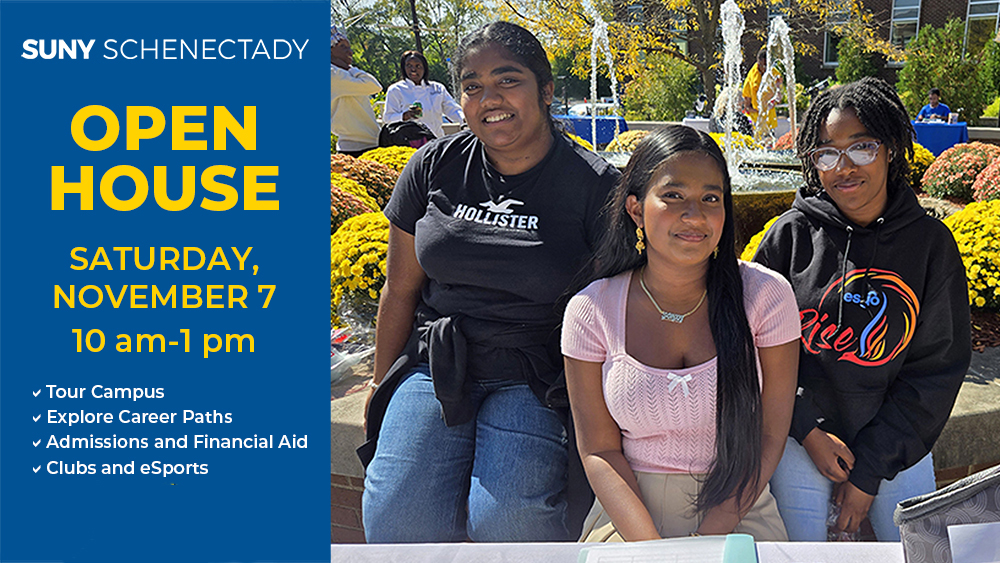 Photo of three students in The Quad with Open House date and time