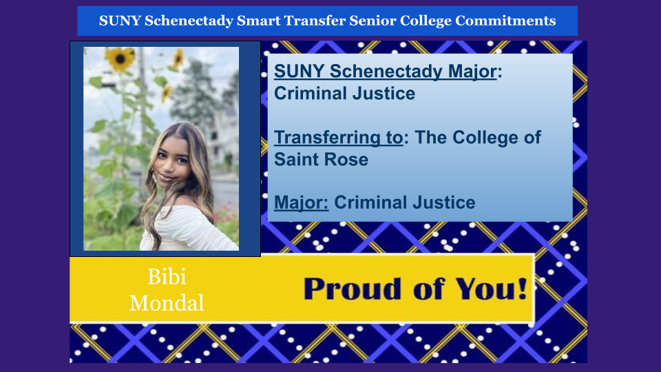 Bibi Mondals headshot. SUNY Schenectady major in Criminal Justice. Transferrign to College of St. Rose to major in Criminal Justice.