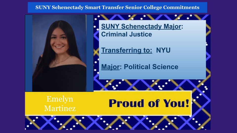 Emelyn Martinez's headshot. SUNY Schenectady major, Criminal Justice. Transferring to NYU to study Political Science.