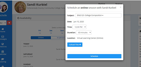 Tutor screen showing the pop-up box showing the time selection and length of sesion.