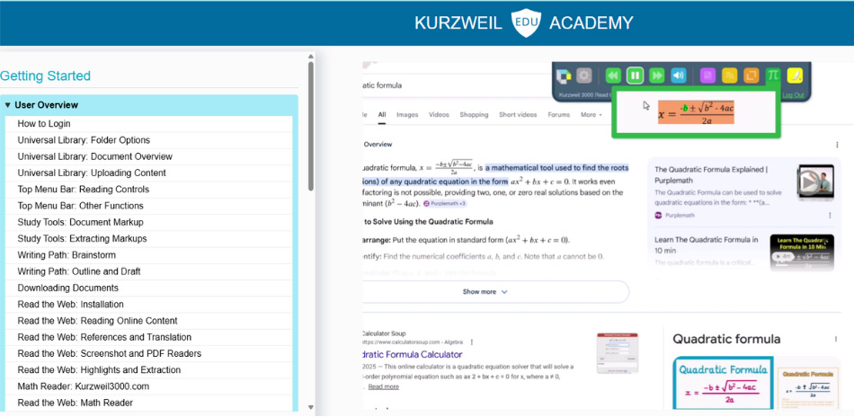 Screenshot of what Kurzweil Academy looks like one you're logged in; User Overview topics in a column on the left with corresponding content in a window on the right.