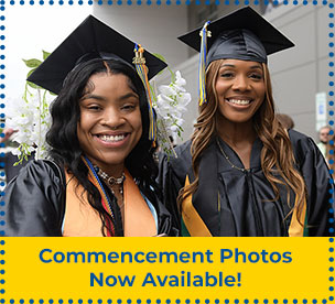 Two graduates in caps and gowns smiling, text says, Commencement Photos Now Available.