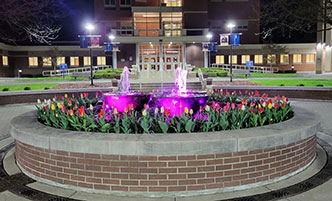 Fountain in the Quad at night.
