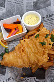 Close up of fish and chips.