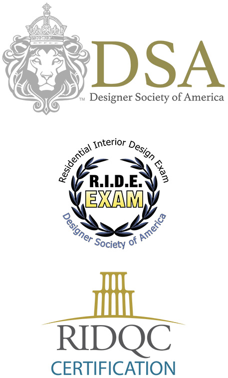 Three logos, top: Designer Society of America; middle: Residential Interior Design Exam (RIDE); bottom: RIDQC Certification.