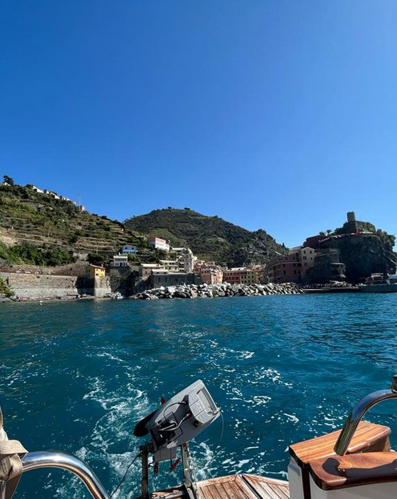 View of Cinque Terre, Italy from a boat.