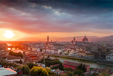 View of the rooftops of Florence, Italy at sunset. 