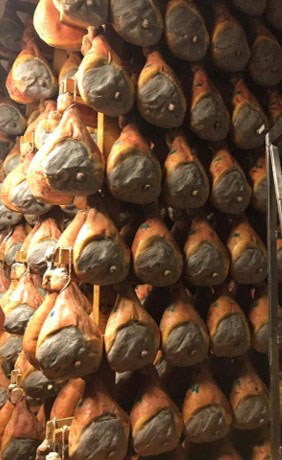 Racks of drying prosciutto.