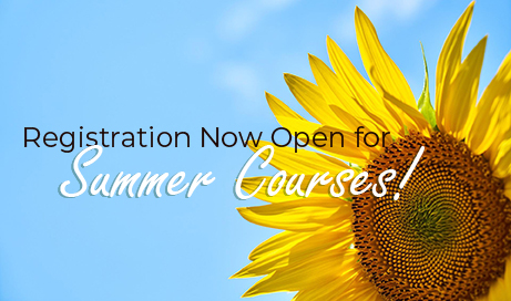 Registration Now Open for Summer Courses! banner with a sunflower background.