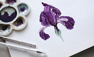 Watercolor illustration of an iris, with brushes and paint palette visible on the page.