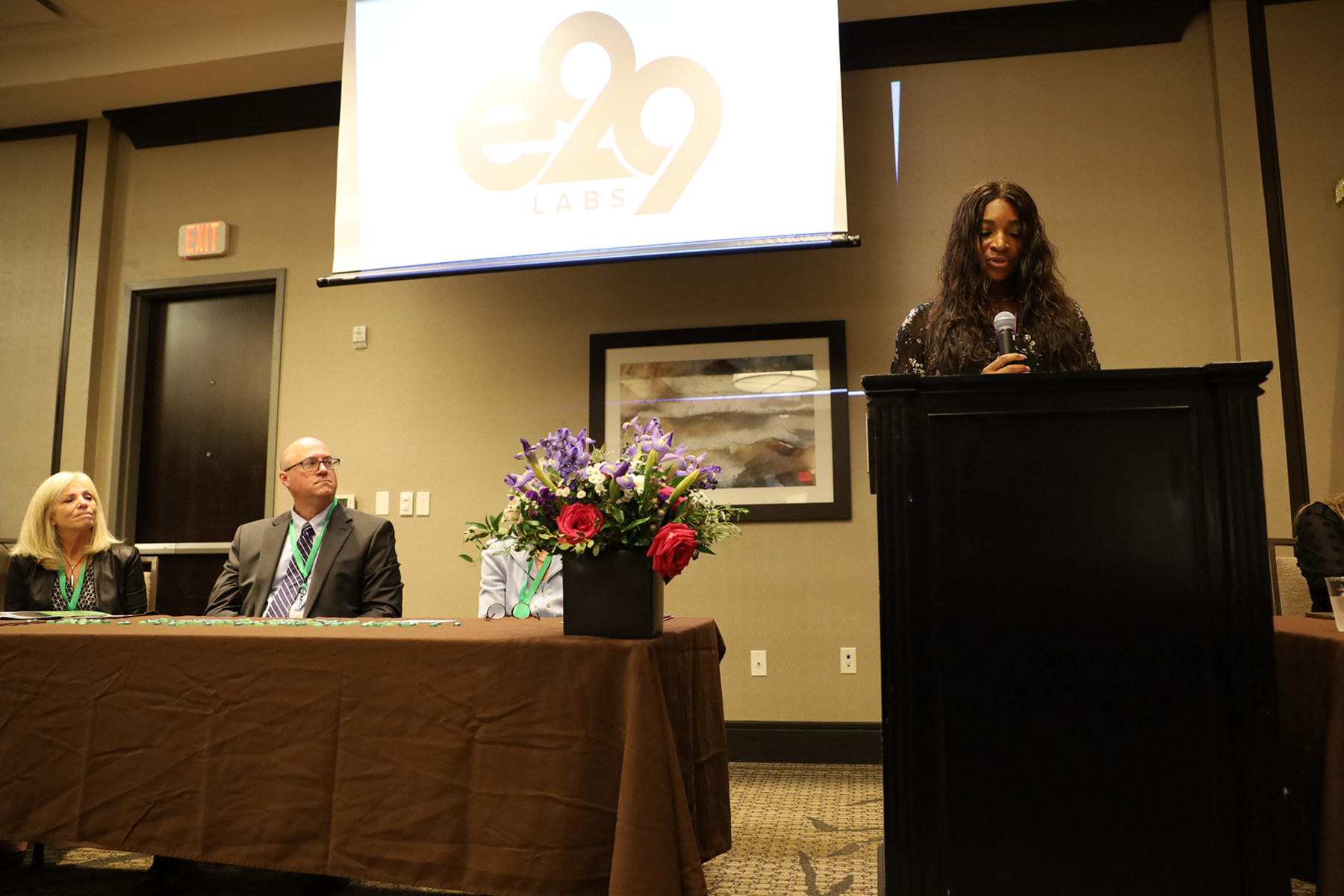 Shelley Roberts, E29 Labs Chief Executive Officer, speaking at podium