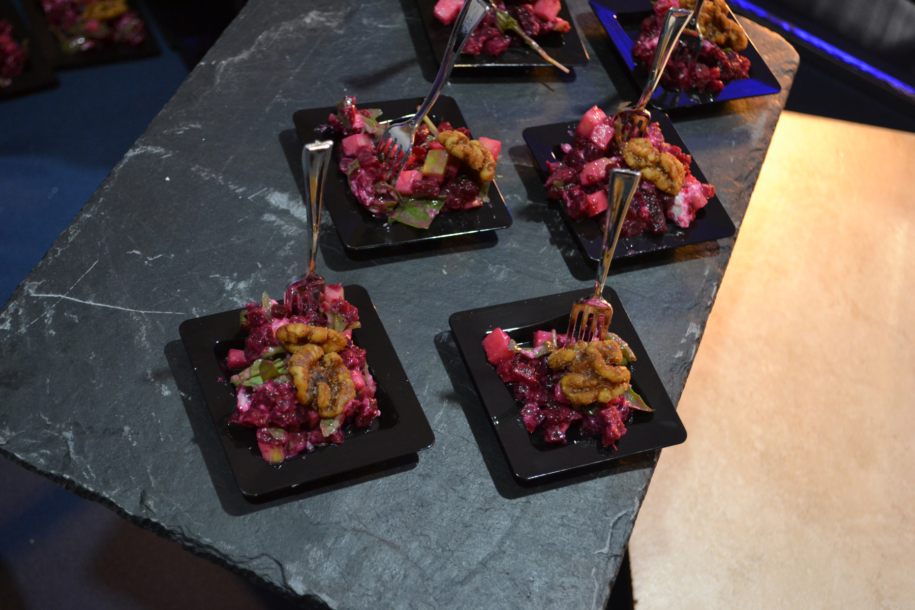 Dishes of Beet and Apple Tartare on table
