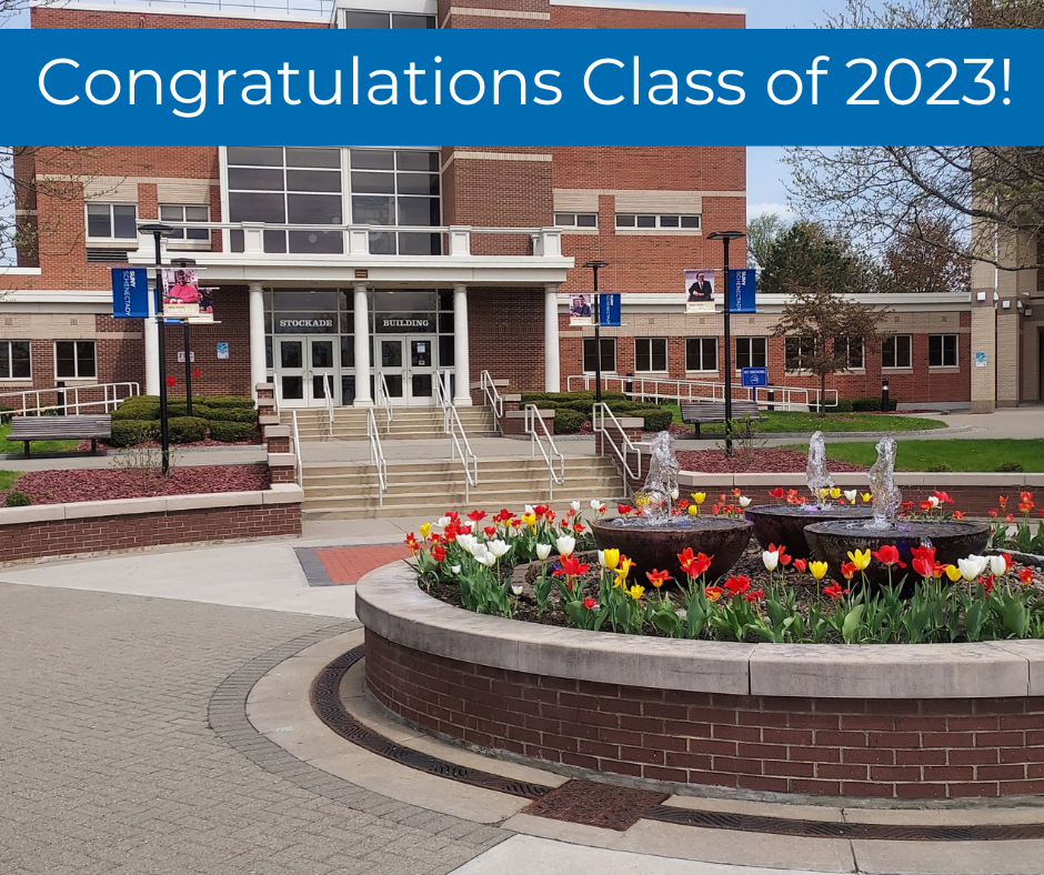 Photo of quad with tulips with "Congratulations Class of 2023" written in blue banner