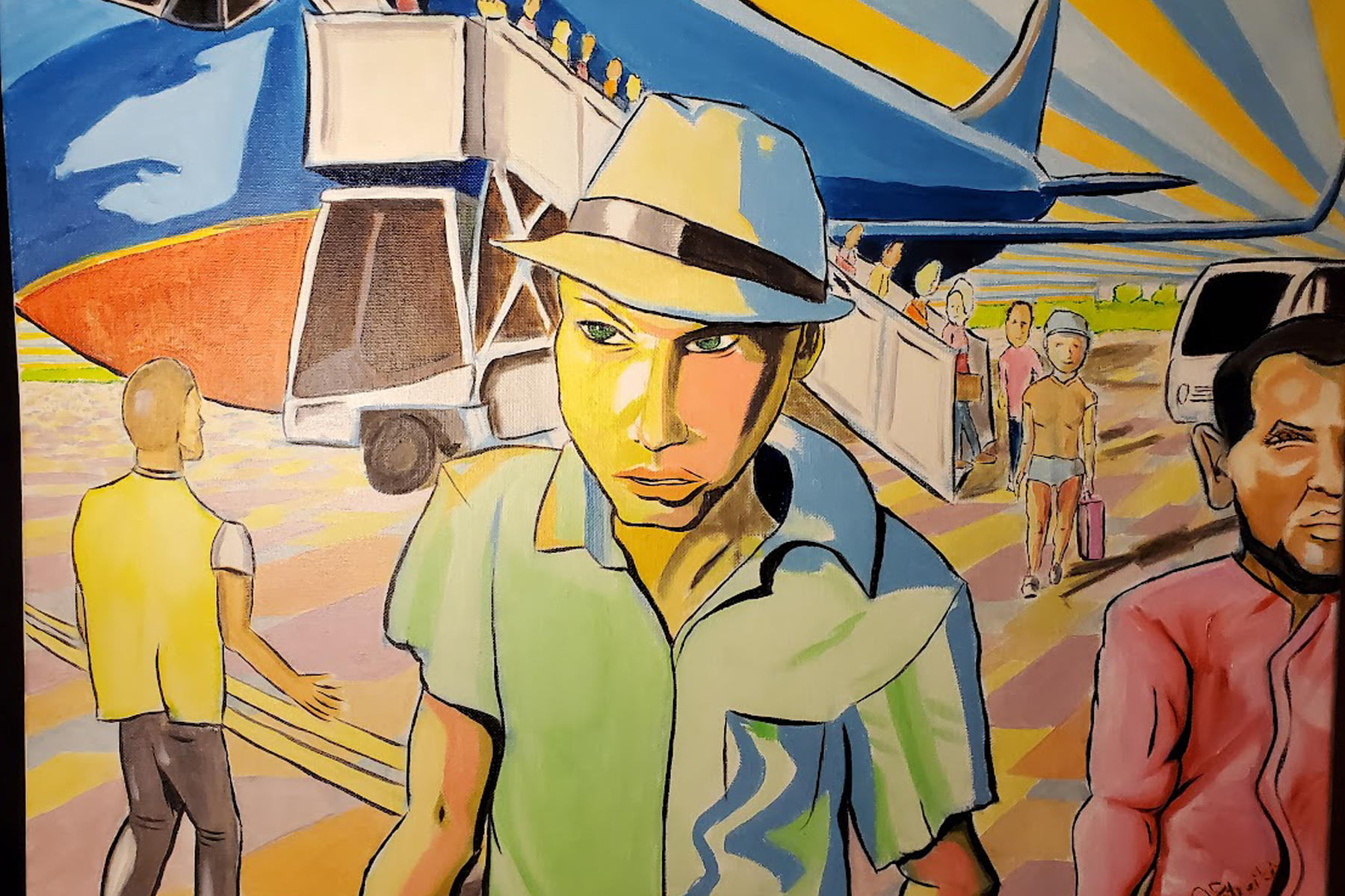 Painting by Craig Petreikis of man and others near airplane