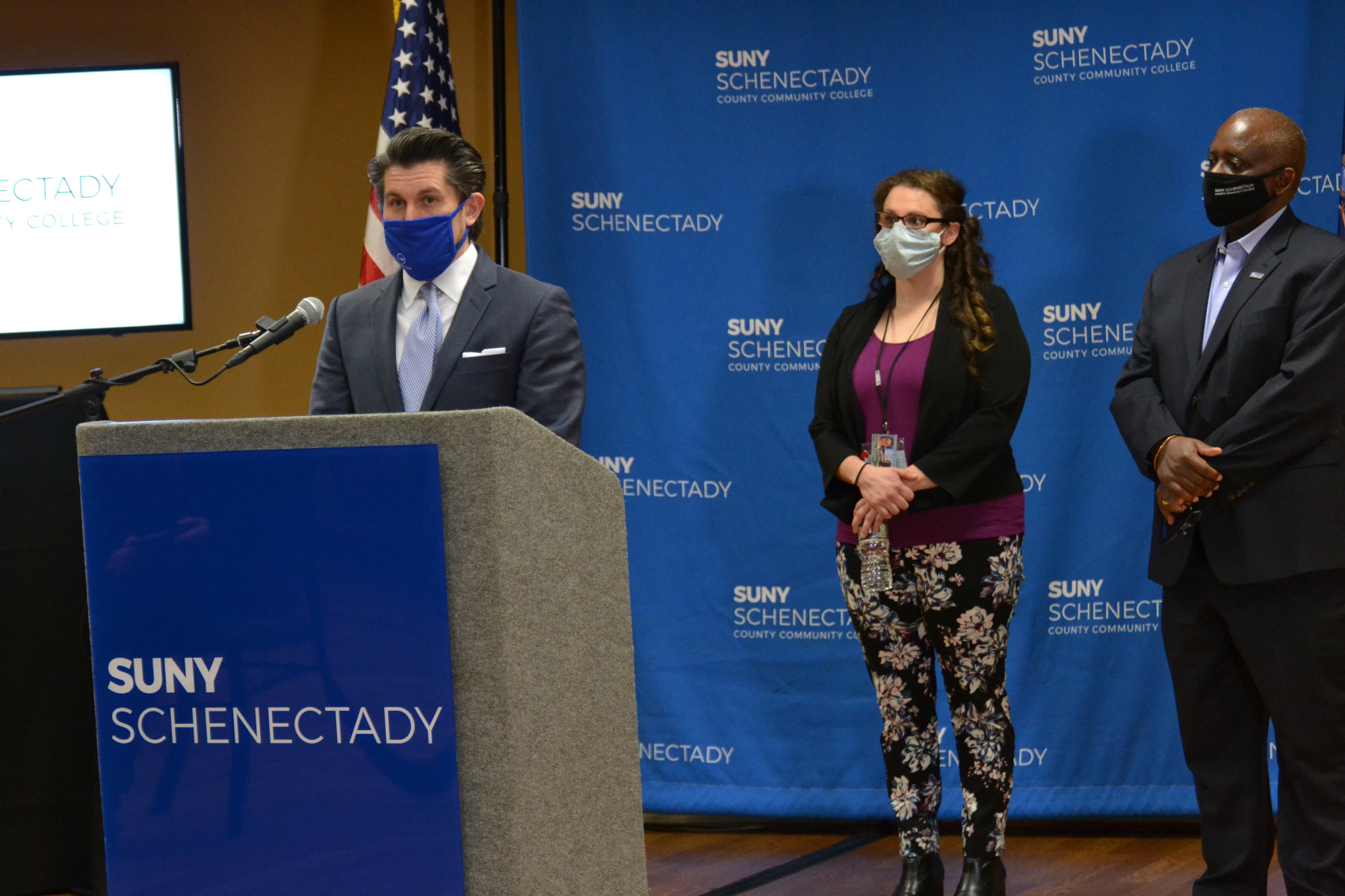 SUNY Chancellor Jim Malatras with Jessica Beauchemin, a Nutrition major at SUNY Schenectady, and Dr. Steady Moono, College President.