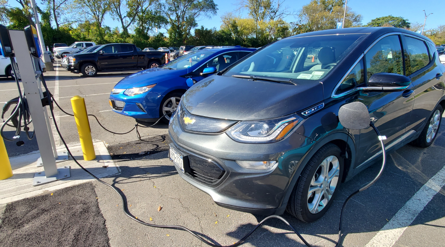 electric vehicles plugged into EV charging stations