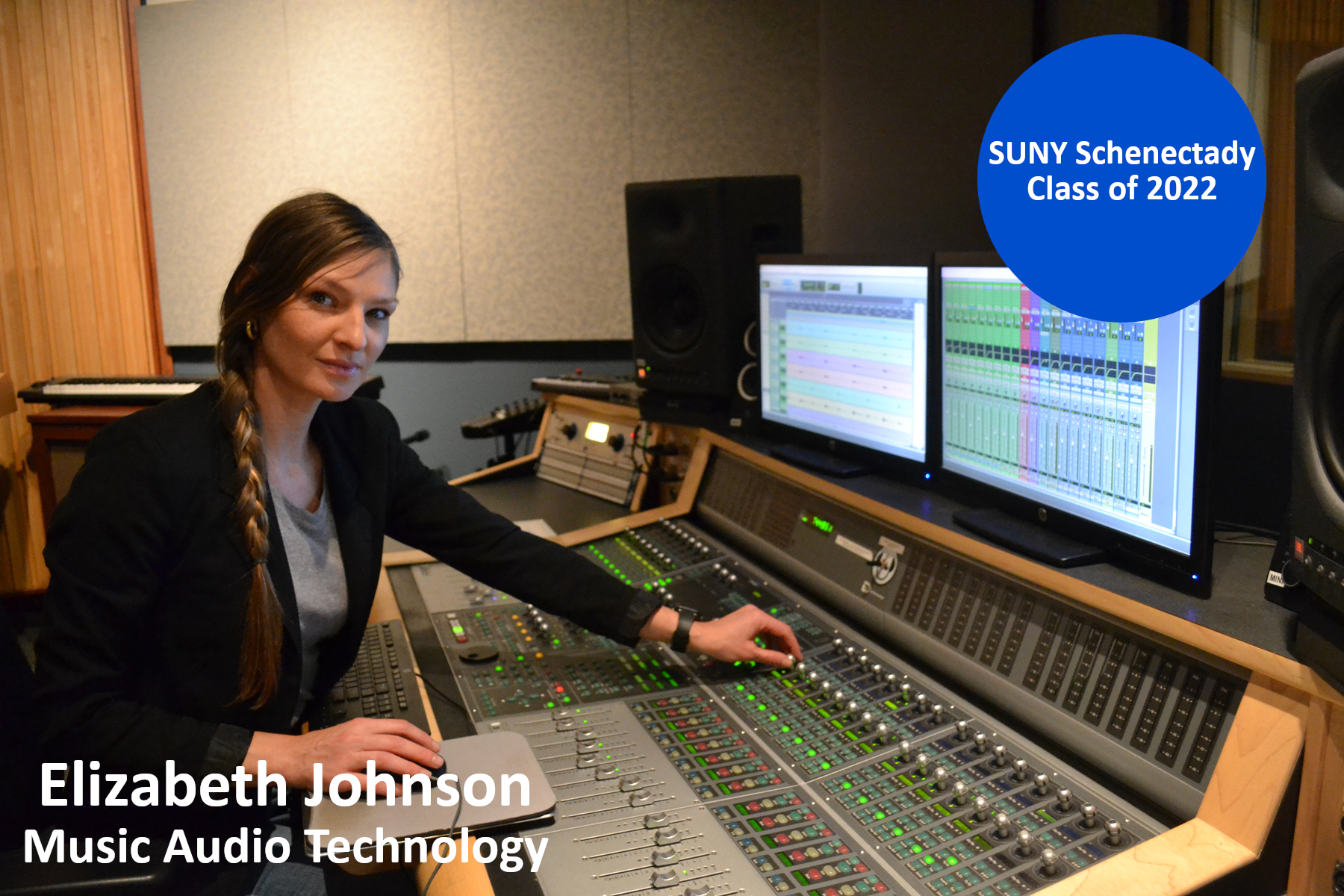 Elizabeth Johnson in the recording studio in the School of Music