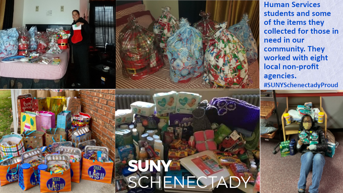 Learning and giving: Human Services students and some of the items they collected for local non-profit agencies. 