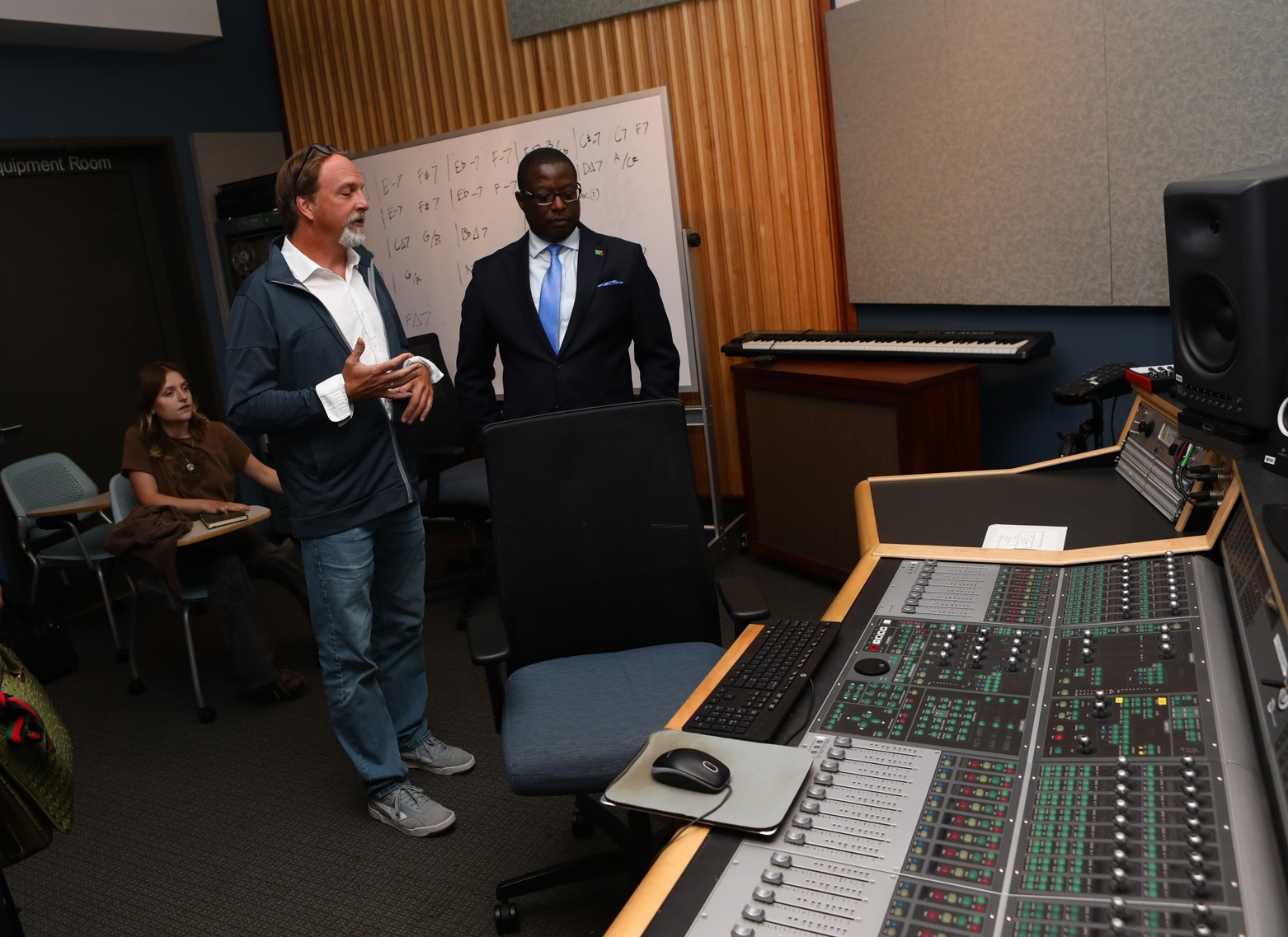 H. E. Ambassador Dr. Chola Milambo in the School of Music Recording Studio with Professor Sten Isachsen