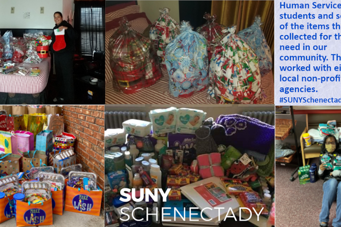 Learning and giving: Human Services students and some of the items they collected for local non-profit agencies. 