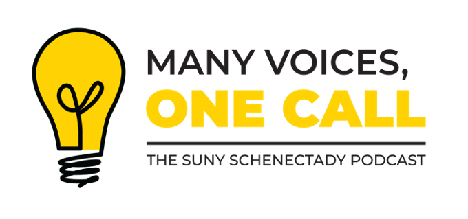 Many Voices, One Call podcast logo, lightbulb