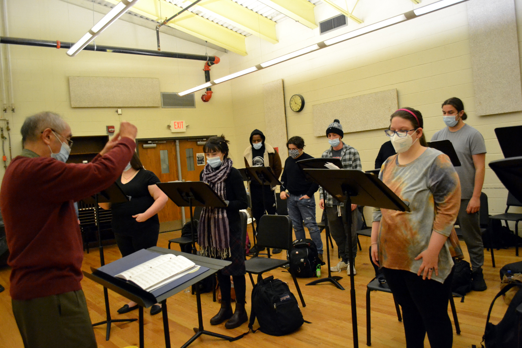 Vocalists rehearsing in music room