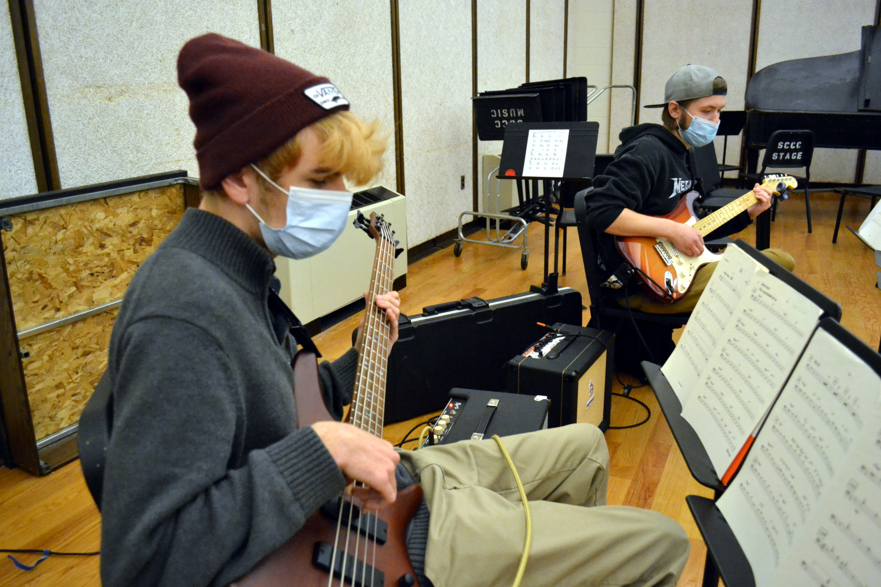 Jazz musicians rehearsing in music room