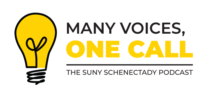 Many Voices, One Call podcast logo, lightbulb